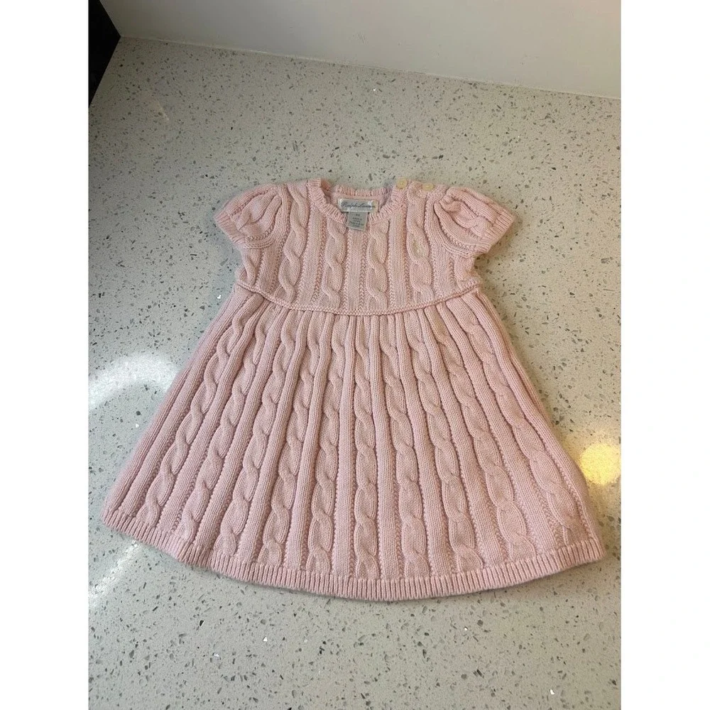 Ralph Lauren Baby‎ Girls Pink Cable Knit Sweater Dress Short Sleeve 6M Pony Logo